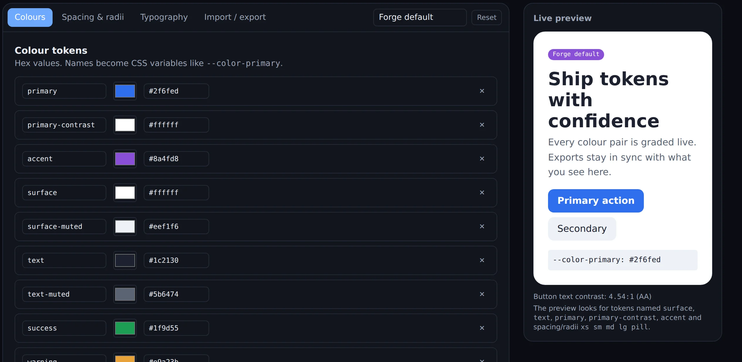 The token-forge studio: colour tokens on the left, a live preview card on the right