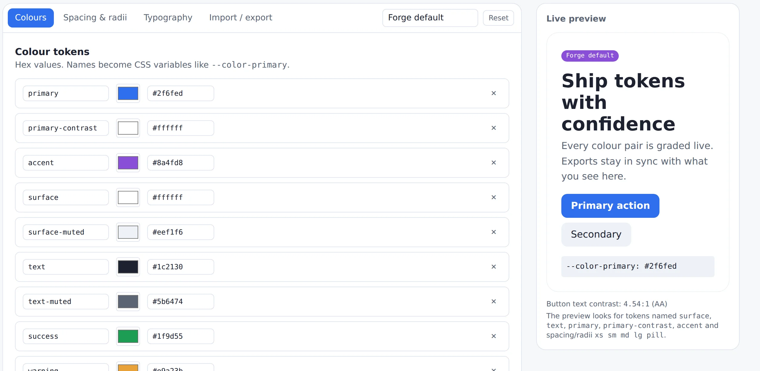 The token-forge studio: colour tokens on the left, a live preview card on the right